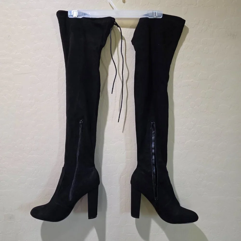 NWOT Black Faux Suede Over the Knee Thigh High Heeled Winter Goth Boots Boot 39